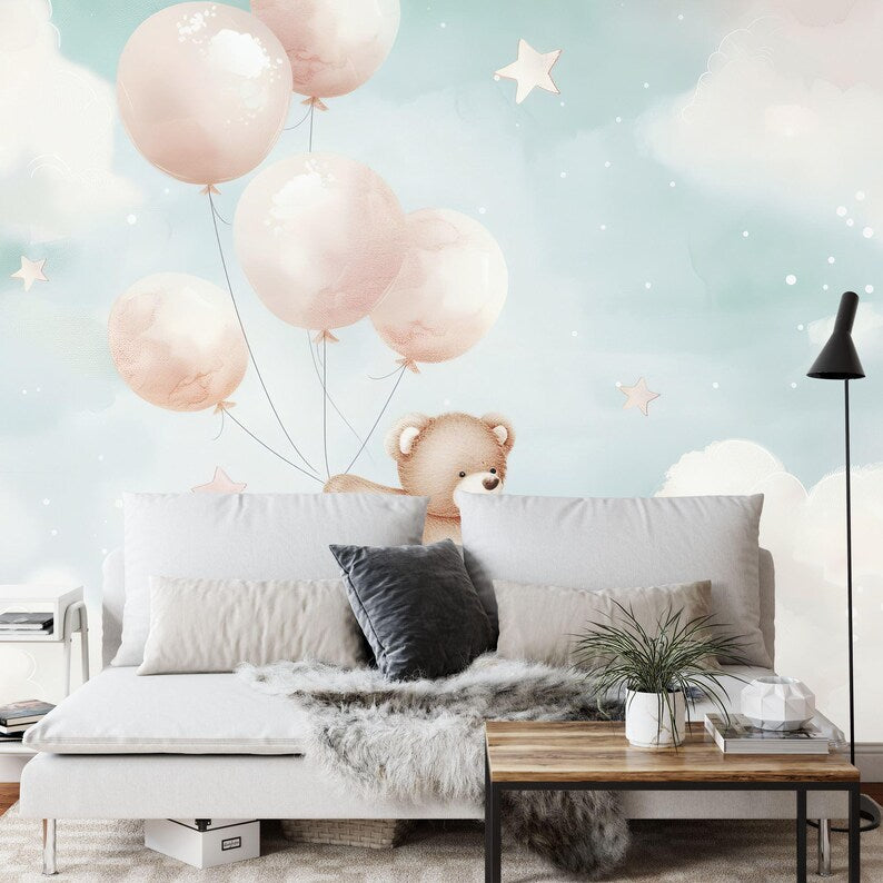 Pastel Bear Balloons Nursery Wallpaper Mural