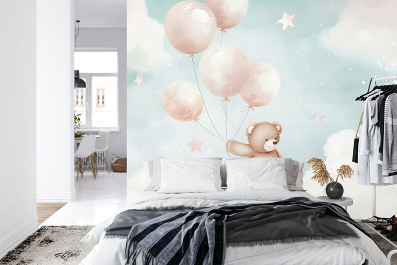 Pastel Bear Balloons Nursery Wallpaper Mural