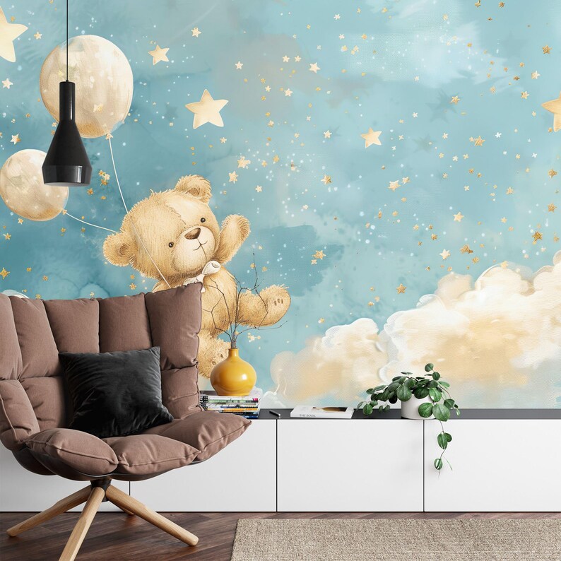 Blue Clouds, Stars, Bear, Balloons Nursery Mural