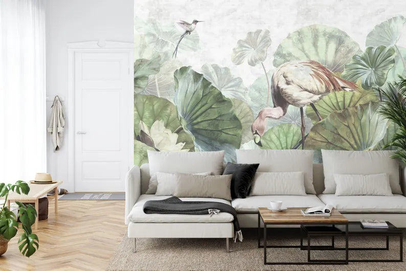 Botanical Flamingo Wallpaper Mural – Lotus Flowers