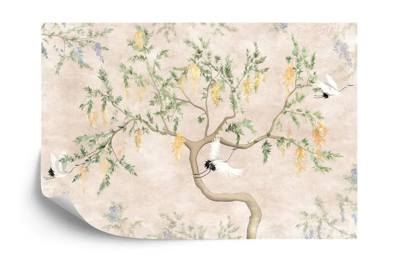 Chinoiserie Crane and Blossom Wallpaper Mural