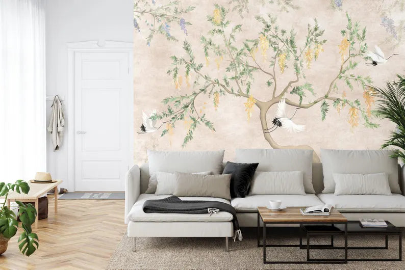 Chinoiserie Crane and Blossom Wallpaper Mural
