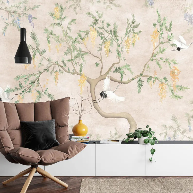 Chinoiserie Crane and Blossom Wallpaper Mural
