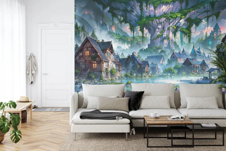 Enchanted Village Wallpaper Mural, Kids Room Decor