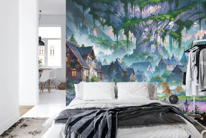 Enchanted Village Wallpaper Mural, Kids Room Decor