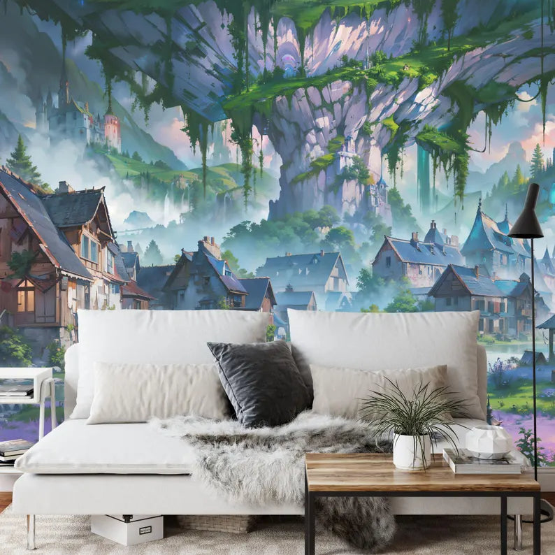 Enchanted Village Wallpaper Mural, Kids Room Decor