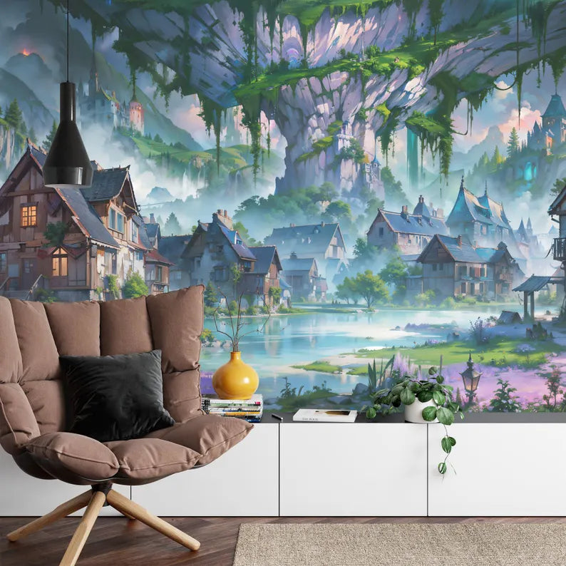 Enchanted Village Wallpaper Mural, Kids Room Decor