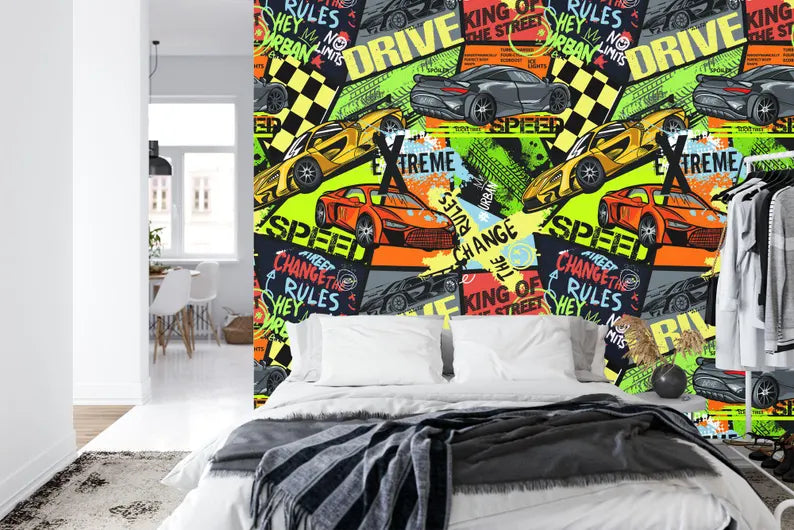 Speed Cars Racing Wallpaper, Boys Room Decor Gift