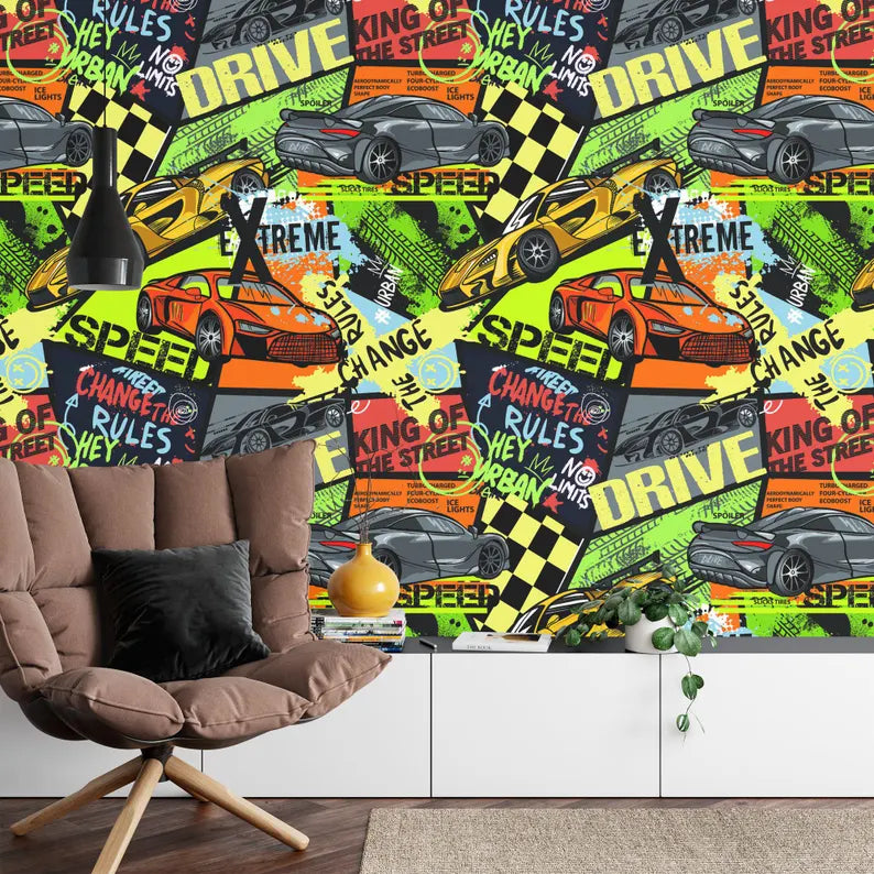 Speed Cars Racing Wallpaper, Boys Room Decor Gift