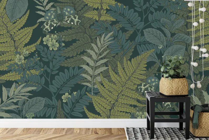 Fern Leaves and Butterflies Wallpaper Mural