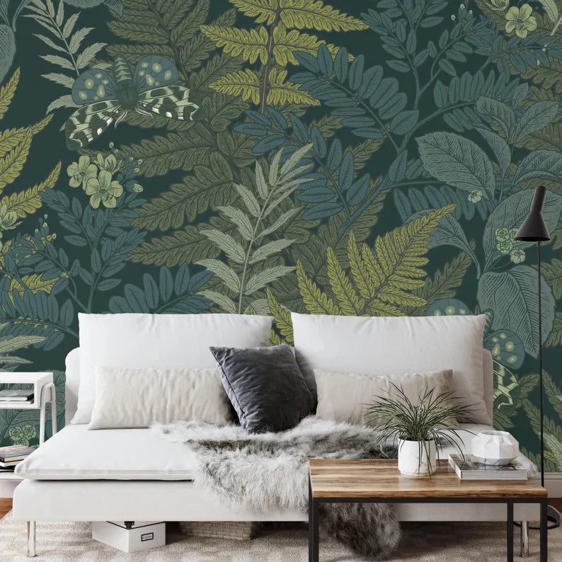Fern Leaves and Butterflies Wallpaper Mural