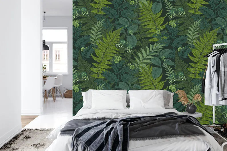 Fern Leaves and Night Butterflies Wallpaper Mural