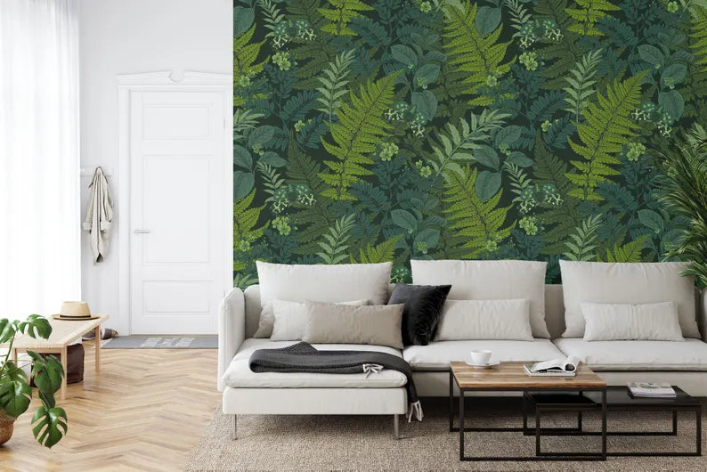 Fern Leaves and Night Butterflies Wallpaper Mural