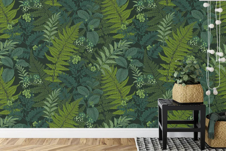 Fern Leaves and Night Butterflies Wallpaper Mural