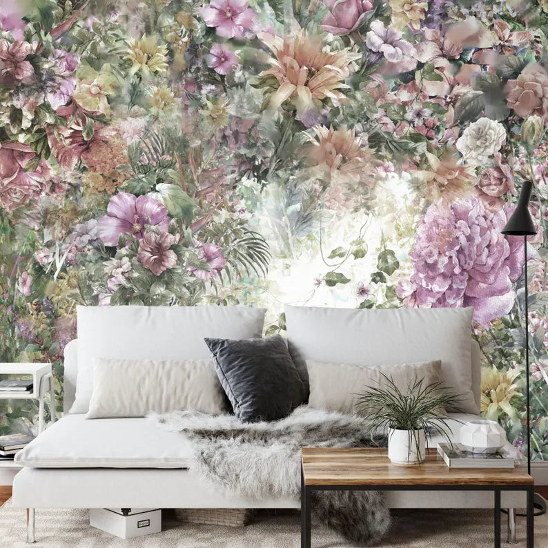 Wallpaper, Watercolor Floral Wall Mural, Colorful Flowers