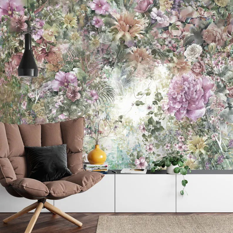 Wallpaper, Watercolor Floral Wall Mural, Colorful Flowers