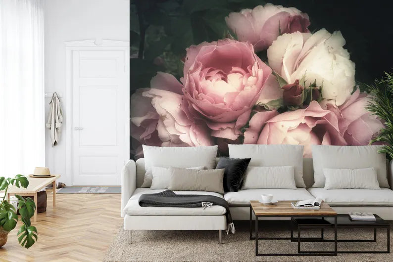Baroque Peonies Wallpaper Mural, Rich Deep Colors