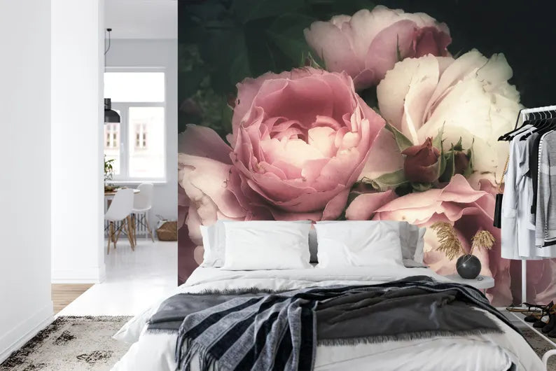 Baroque Peonies Wallpaper Mural, Rich Deep Colors