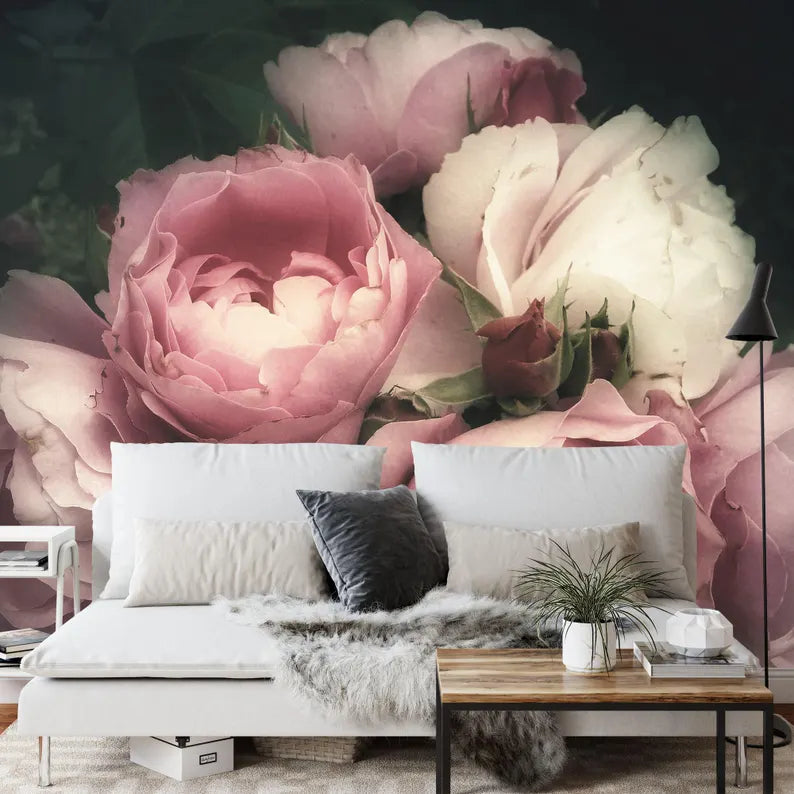 Baroque Peonies Wallpaper Mural, Rich Deep Colors