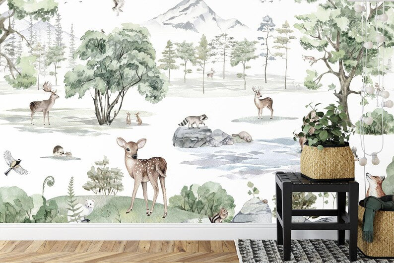 Forest Animals Wallpaper Mural, Kids Nursery Decor