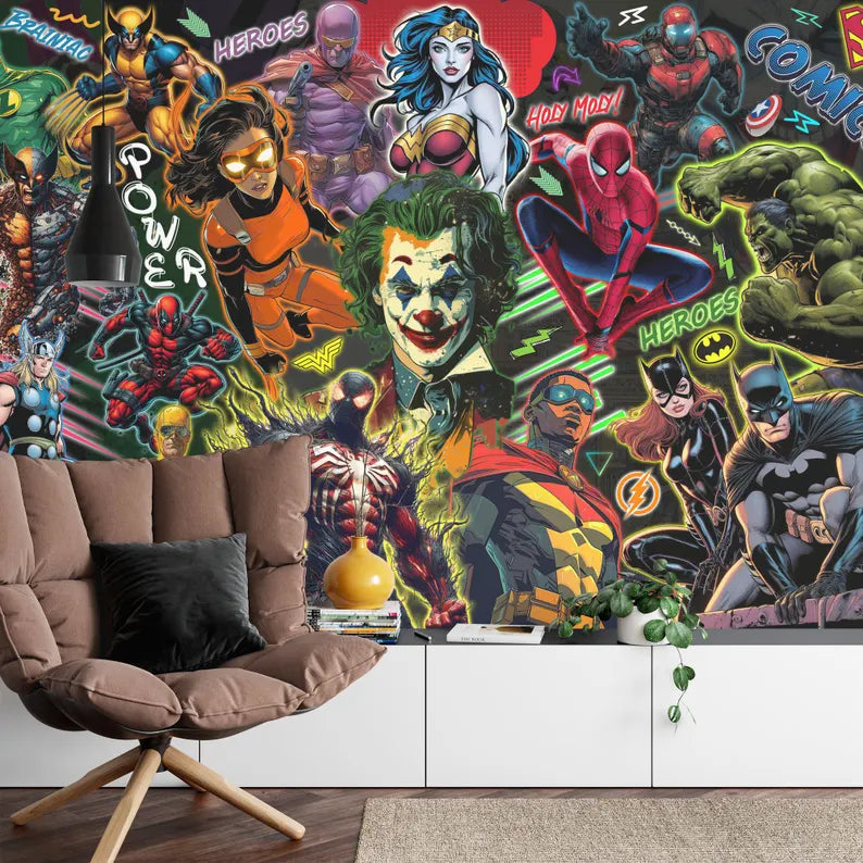 Superhero Comic Book Wallpaper Mural, Kids Room Decor