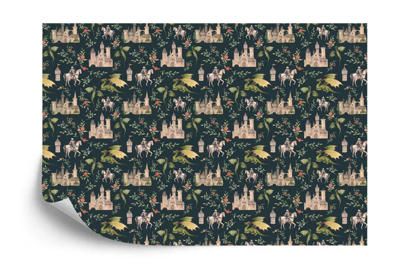 Wallpaper, Fantasy Castle Dragon Mural, Knights & Floral