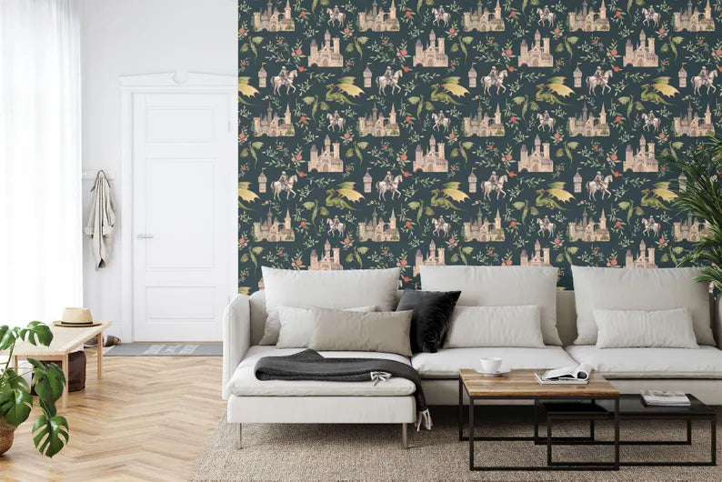 Wallpaper, Fantasy Castle Dragon Mural, Knights & Floral