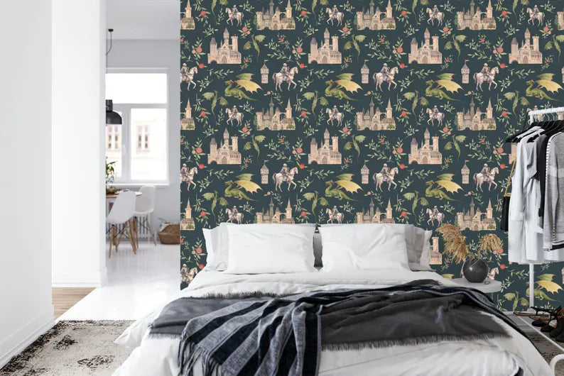 Wallpaper, Fantasy Castle Dragon Mural, Knights & Floral