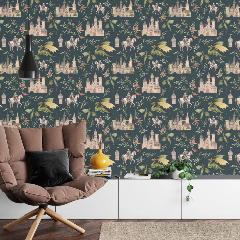 Wallpaper, Fantasy Castle Dragon Mural, Knights & Floral