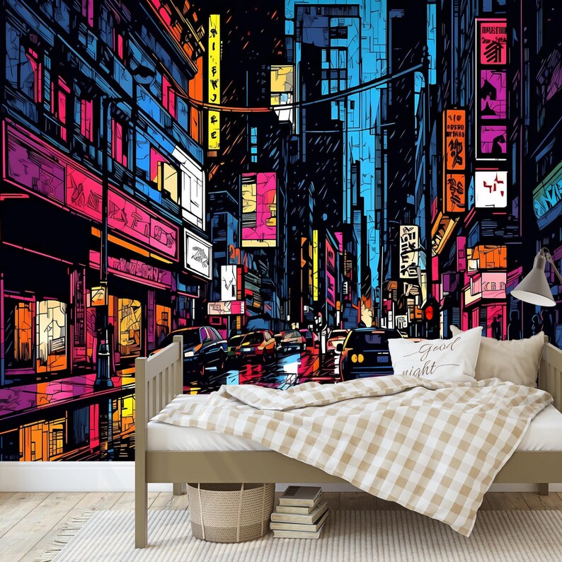 Neon City Street Wallpaper Mural, Kids Room