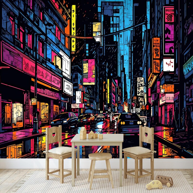 Neon City Street Wallpaper Mural, Kids Room