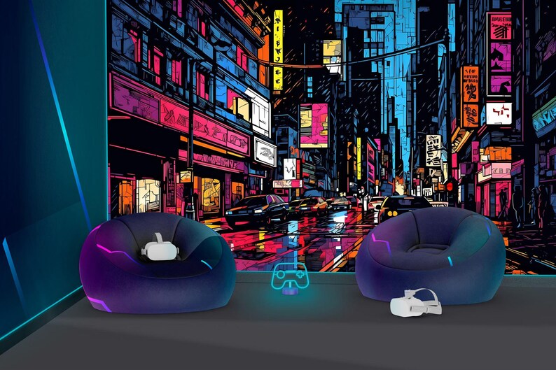 Neon City Street Wallpaper Mural, Kids Room