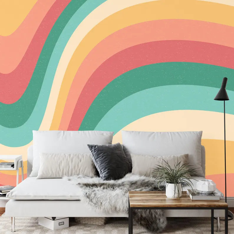 Retro Wavy Wallpaper Mural, Colorful Abstract
