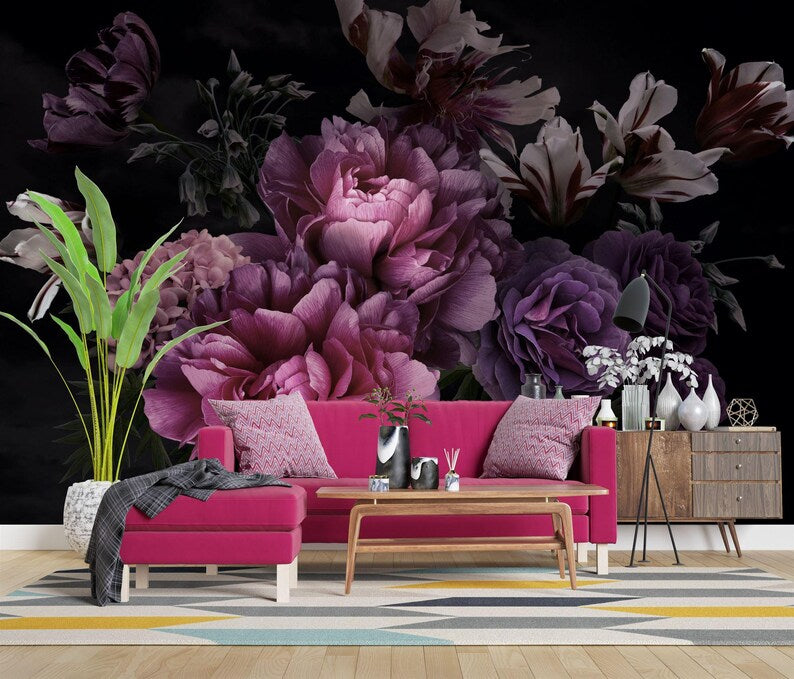 Baroque Peonies Wallpaper Mural, Rich Deep Colors