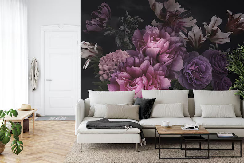 Baroque Peonies Wallpaper Mural, Rich Deep Colors