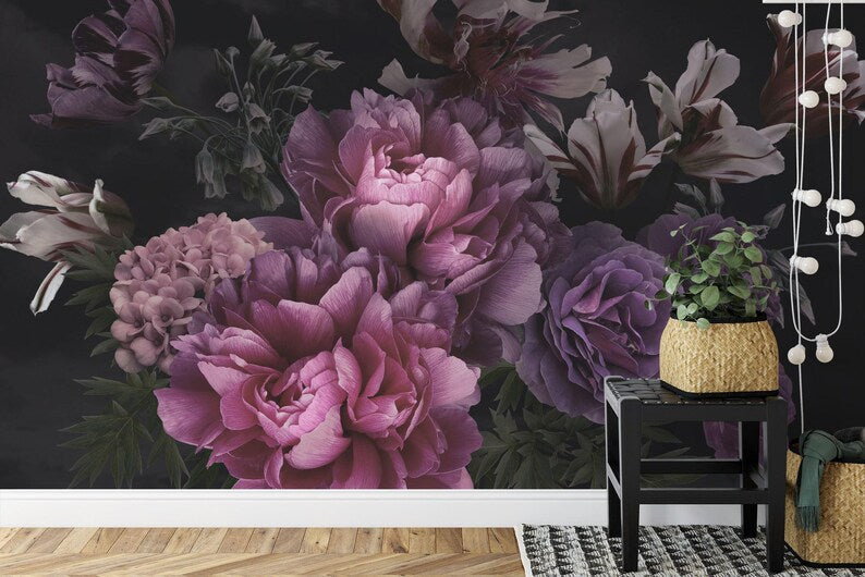 Baroque Peonies Wallpaper Mural, Rich Deep Colors