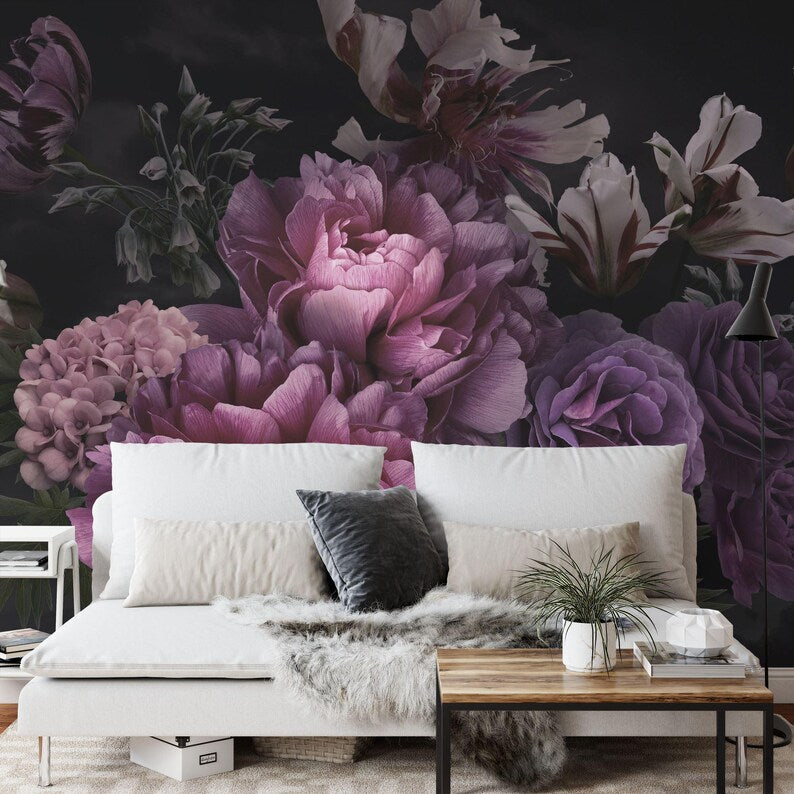 Baroque Peonies Wallpaper Mural, Rich Deep Colors