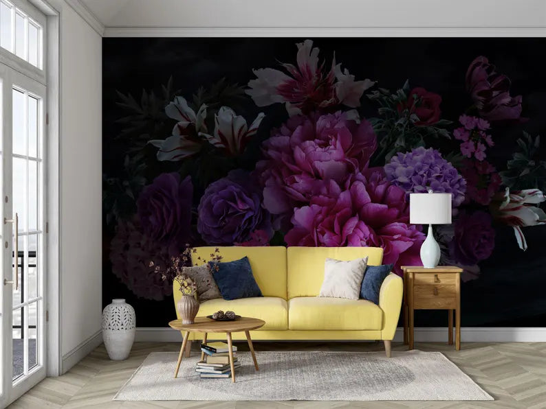 Baroque Peony Flower Wall Mural, Rich Deep Colors