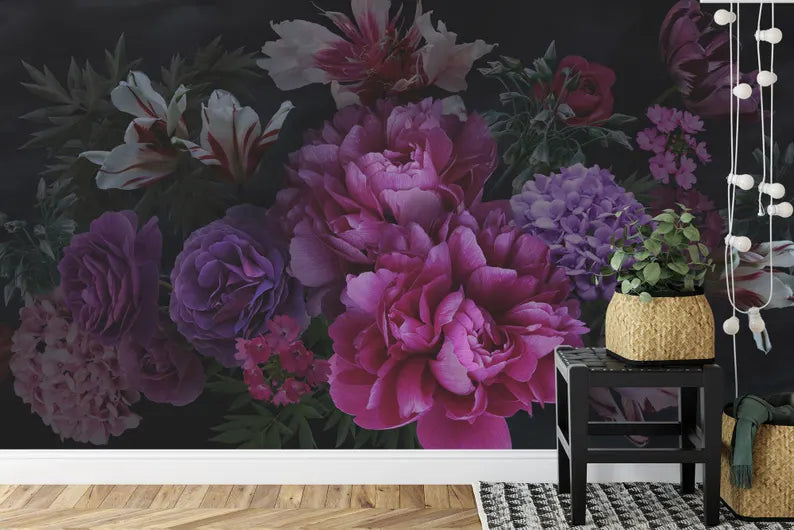 Baroque Peony Flower Wall Mural, Rich Deep Colors