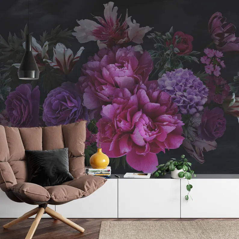Baroque Peony Flower Wall Mural, Rich Deep Colors