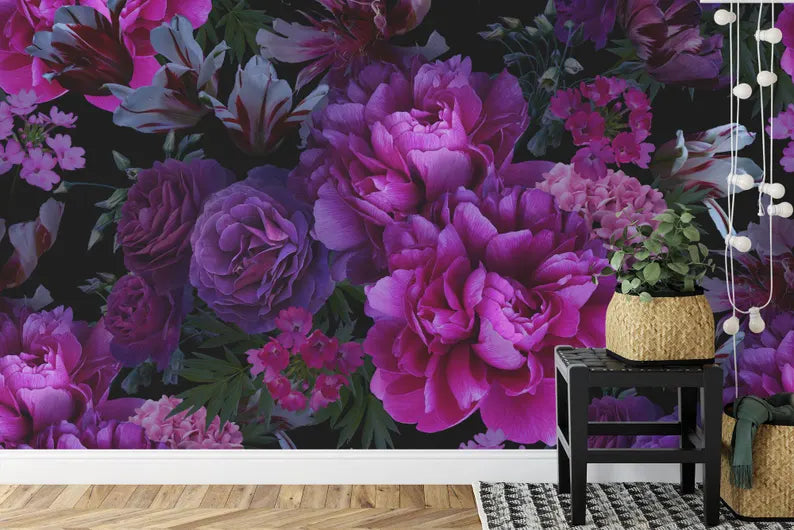 Baroque Peony Flower Wallpaper Mural, Rich Deep Colors, Art Print