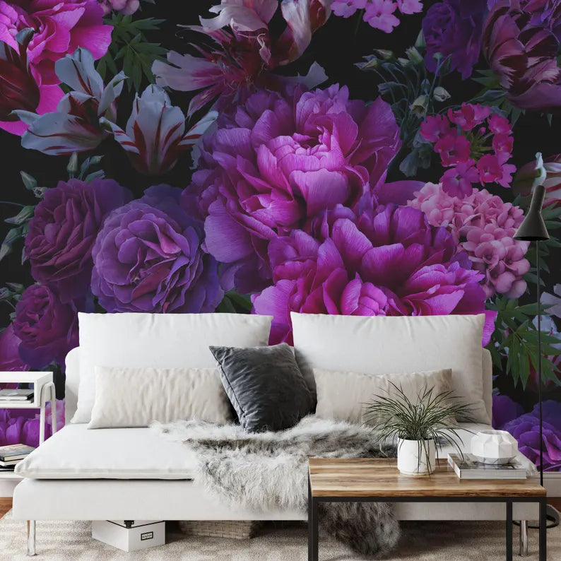 Baroque Peony Flower Wallpaper Mural, Rich Deep Colors, Art Print