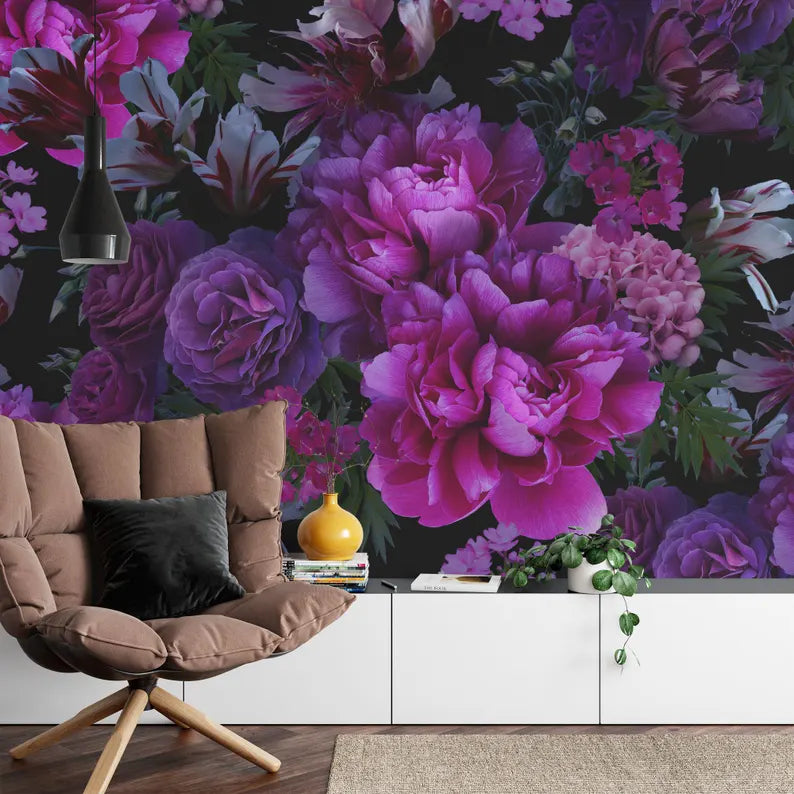 Baroque Peony Flower Wallpaper Mural, Rich Deep Colors, Art Print