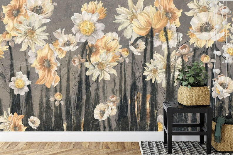 Close-up of vintage floral mural wallpaper showing intricate botanical details