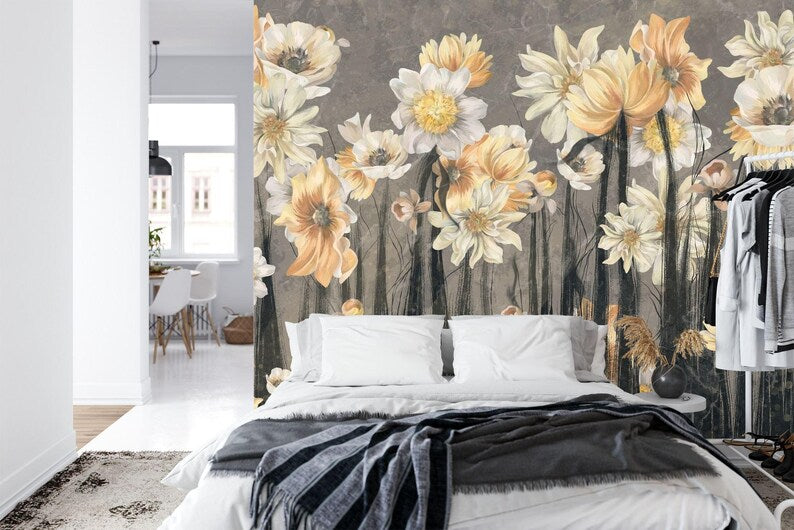 Floral wallpaper mural pattern with dark gray stained finish and elegant botanical motifs
