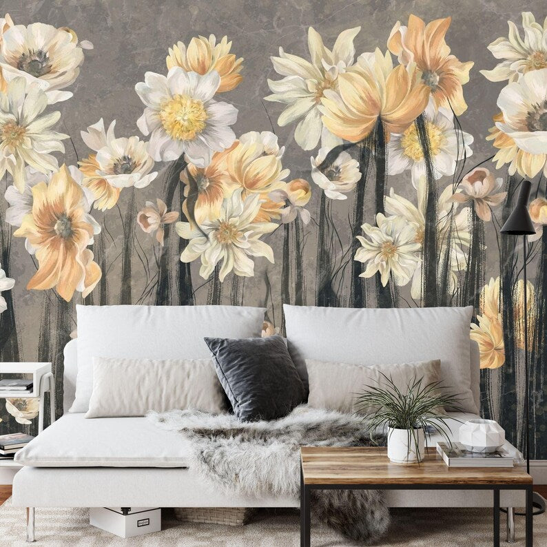 Artistic floral wallpaper design with vintage flowers on textured gray background
