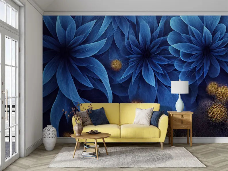 Close-up detail of Prussian blue floral fractal wallpaper showing delicate petal design

