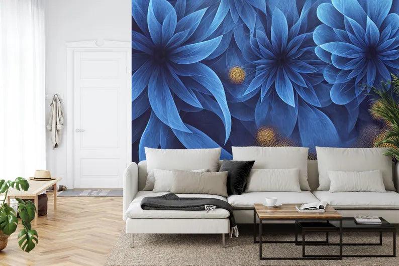Prussian Blue Floral Fractal Wall Mural Wallpaper