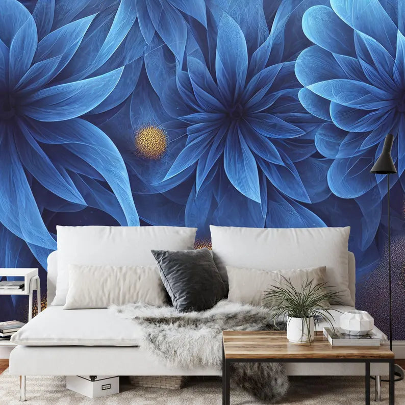Prussian blue floral wall mural accent wall in contemporary living space

