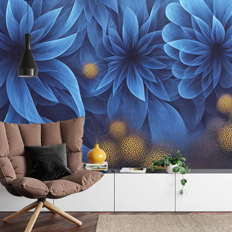 Prussian Blue Floral Fractal Wall Mural Wallpaper
